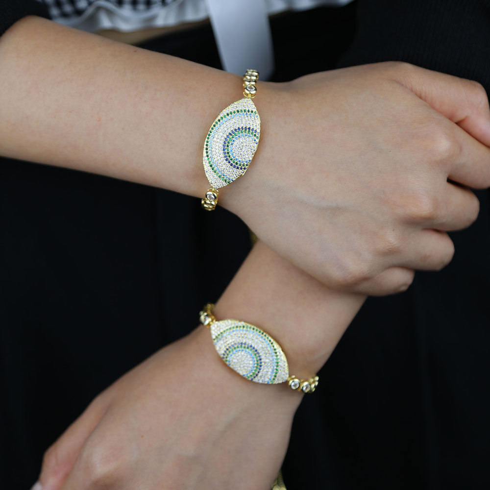 New Fashion Evil Eye Gold Color Round Tennis Bracelet Bangle for Women paved Color cz Adjustable Luxury Jewelry for Wedding Engagement Gift