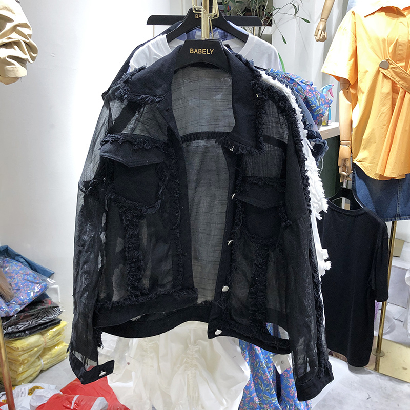 Summer New Fringed Turndown Collar Chiffon Stitching Loose Sunscreen Denim Jacket Harajuku Women's Loose Coat Summer Jacket 201106