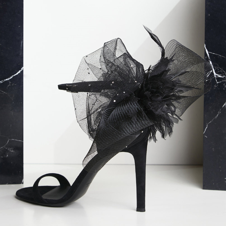 Sexy Black Flowers Feather Wedding Shoes For Lady Bride Open Toe Sandals Women Stiletto Jeweled High Heels Prom Evening Pumps Sheepskin Cocktail Party