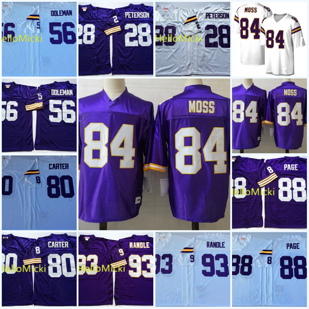 

Mens #56 Chris Doleman Vintage Football Jersey White Purple #80 Cris Carter #84 Randy Moss #93 John Randle #28 Adrian Peterson Jersey S-3XL, #28 adrian peterson e