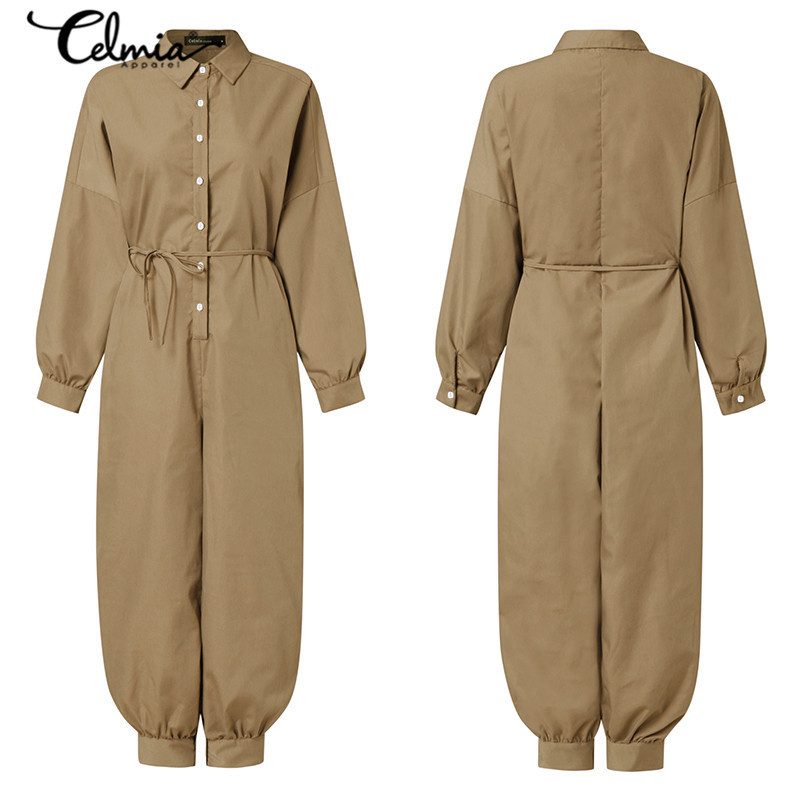 Celmia Women Vintage Jumpsuits Plus Size Short Sleeve Rompers Casual Loose Buttons Cargo Pants Summer Overalls Playsuits 7 201007