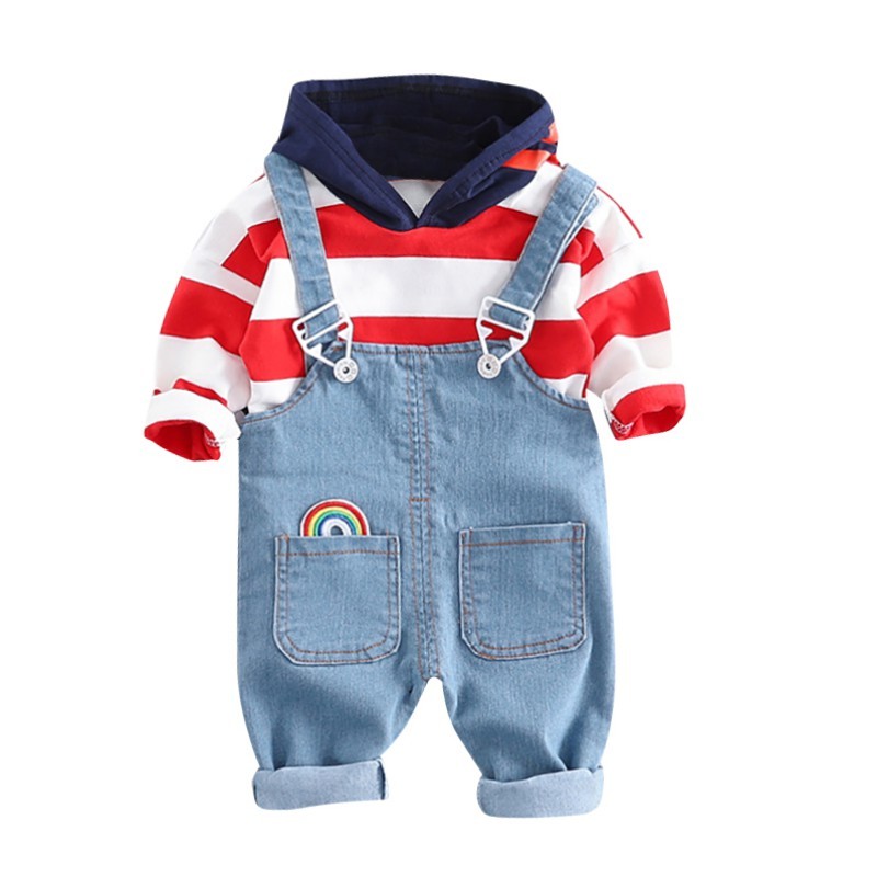 Children Boys Girls Clothing Sets 2020 Spring Autumn Striped T-shirt+Suspender Jeans Kids Clothes Toddler Boys Outfits Y1105