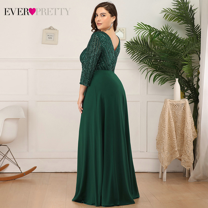 Plus Size Dark Green Evening Dresses Ever Pretty Double V-Neck 3/4 Sleeve Sequined Tulle Elegant Party Gowns Robe De Soiree 201114