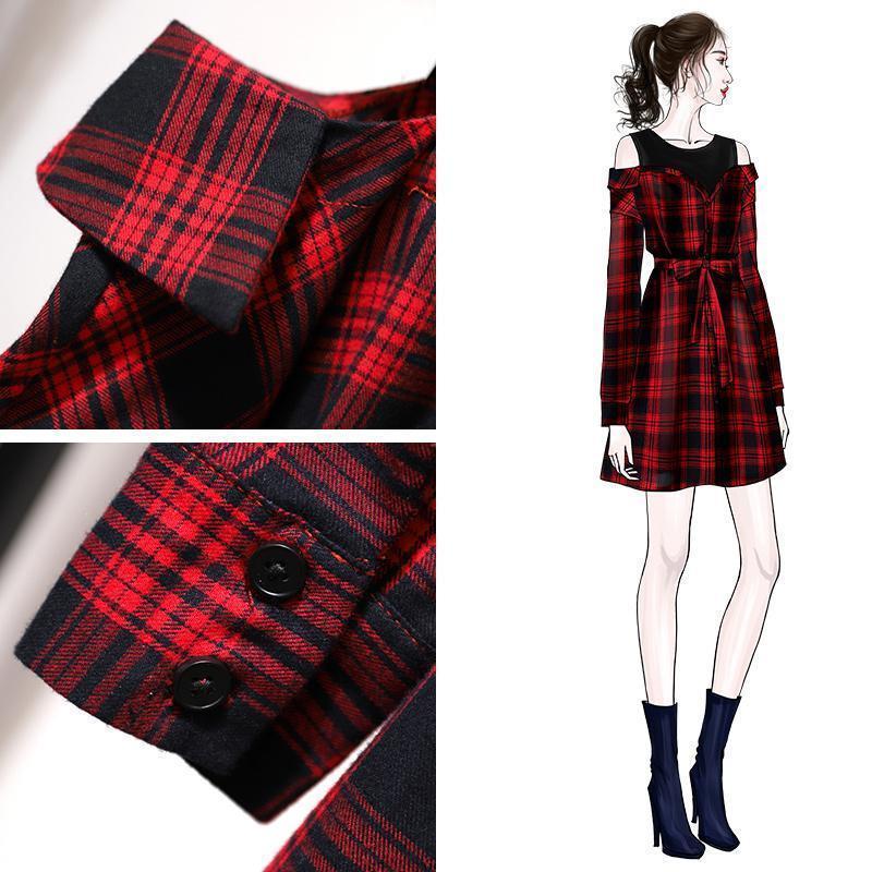 ICHOIX Korean style cute red plaid shirt dress long sleeve with belt mini dress casual offshoulder spring fall women dress T200604
