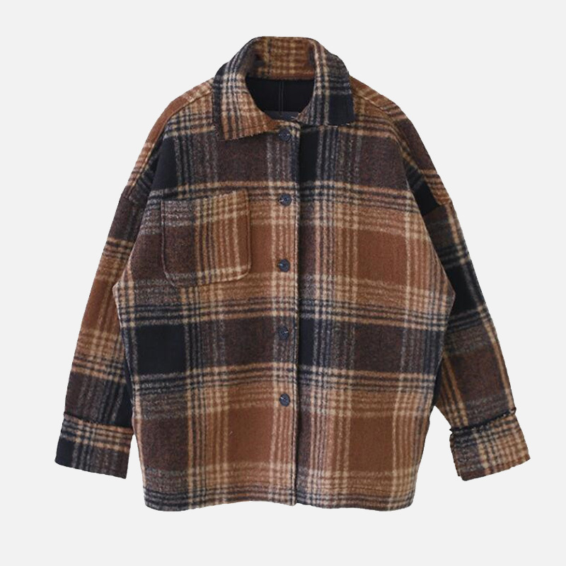 Women's Autumn Plaid Wool Blends Vintage Coat Jacket Check Batwing Sleeve Korean Woman Coats Winter Pocket Outerwear Ladies 201103