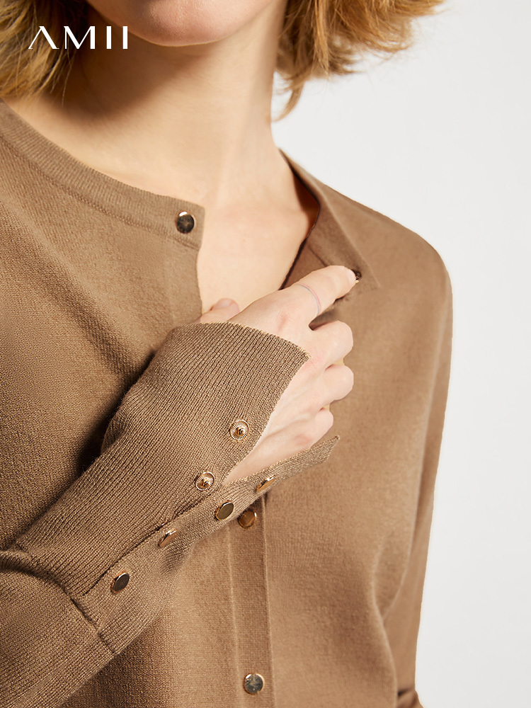 AMII Minimalism Autumn Causal Women Knitted Sweater Solid Oneck Full Sleeve Singlebreasted Female Knitted Coat 12040871 201017