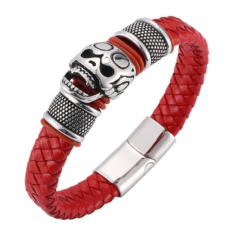 Punk Jewelry Men Stainless Steel Charms Man Bangle Red Wide Braided Leather Bracelets Wrist Band BB00651