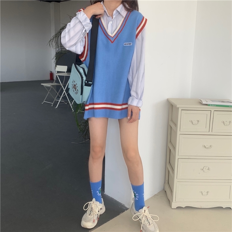 Women Sleeveless Pullover Autumn Korean Style Stripe Patchwork Casual Loose V Neck Knit Sweater Vest Waistcoat Top T362 201111