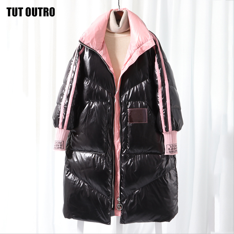 Fashion Contrast Letter Print Glossy Loose Ultra Light Down Jacket Winter Down Jacket Women Long Down Jacket 201029