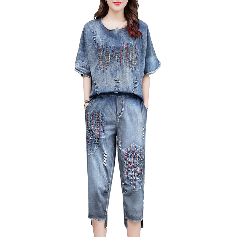Blue Denim Suit Plus Size Women Cowboy 2 Piece Set 2020 Summer Outfits Floral Embroidery Top and Pant Suits Loose Casual Clothes T200603