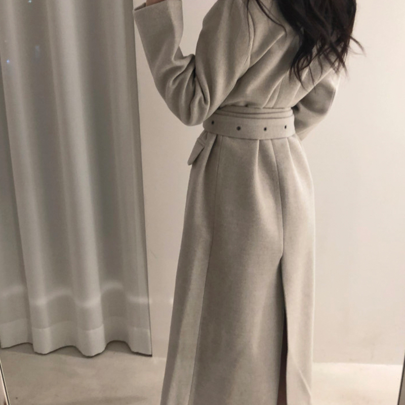 High Qulity Woman Coats Winter Wool Long With Belt Office Lady Fashion Lace Up Outerwear 201221