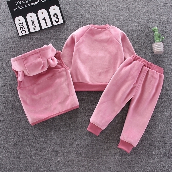 Baby clothes winter thick warm suit cartoon bear hooded sweater baby boy baby girl fleece children gold velvet three-piece suit Y1105