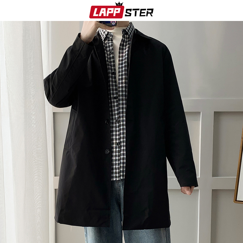 LAPPSTER Oversize Men Streetwear Trench Coat Autumn Mens Hip Hop Harajuku Long Jackets Coats Vintage Male Black Windbreaker 201211
