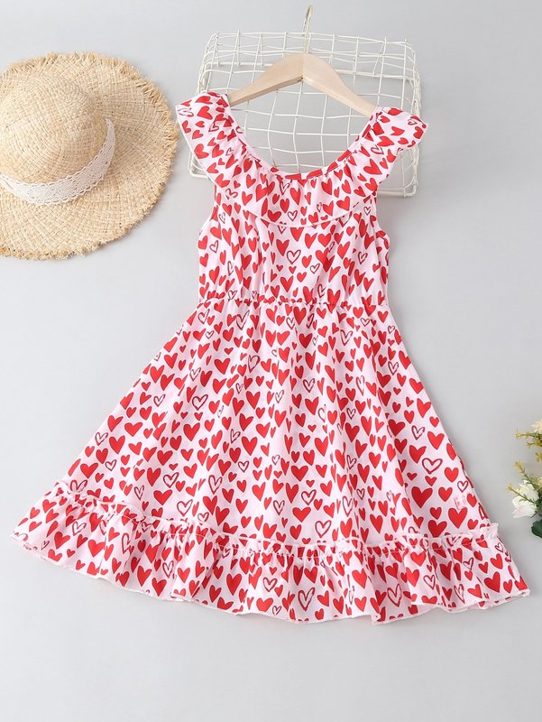 Girls Heart Print Ruffle Hem Dress SHE