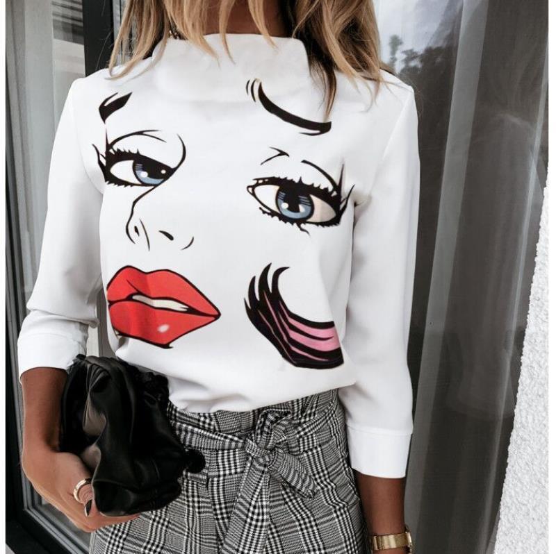 Women New Lips Print Blouse Shirts Elegant Ladies O-Neck Pullover Tops Autumn Long Sleeve Casual Shirt Blusa Streetwear 3XL 201201