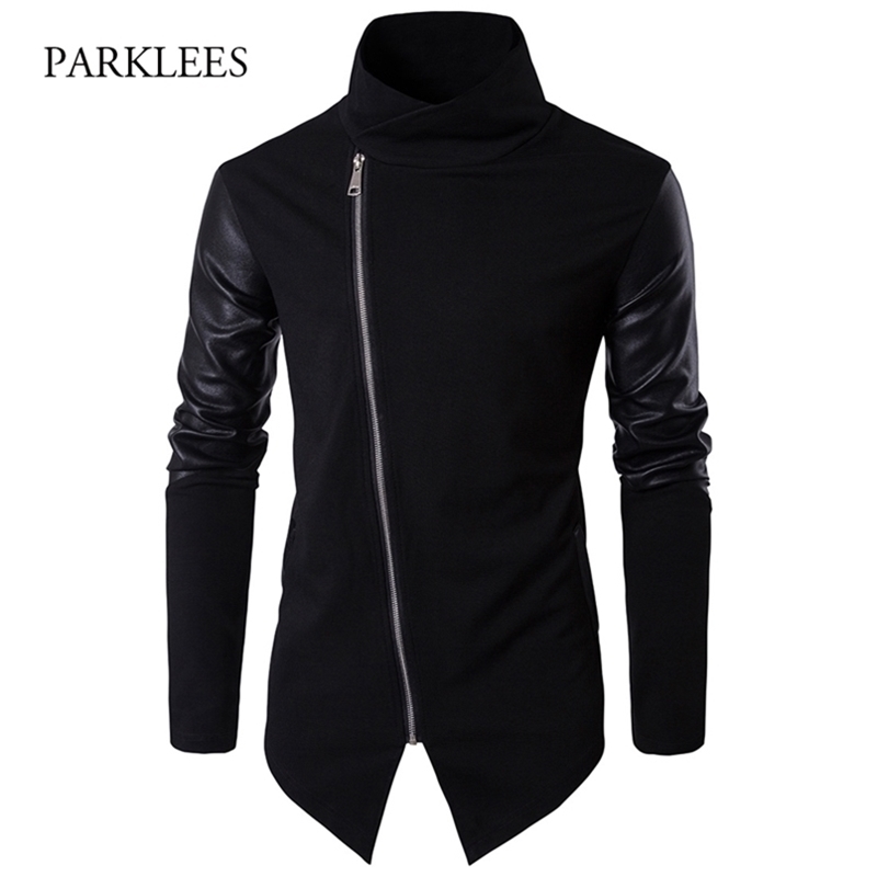 Turtleneck Sweater Men Fashion Patchwork PU Leather Sleeve Long Mens Cardigans Casual Slim Zipper Black Pull Homme 201221