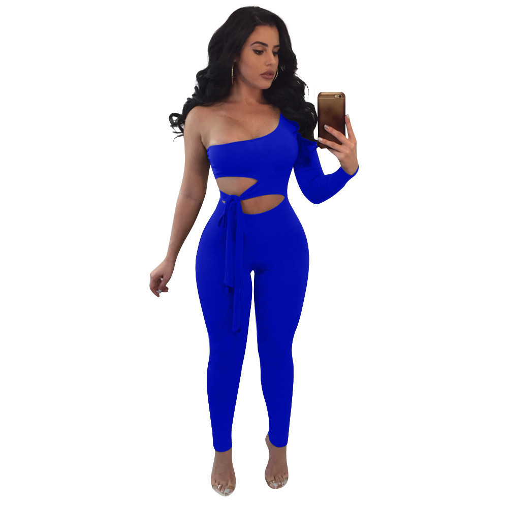 One-Shoulder Cut Out Jumpsuits: Lace-Up Bodycon Clubwear For Women In Black & Blue B3