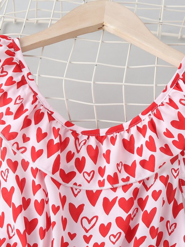Girls Heart Print Ruffle Hem Dress SHE