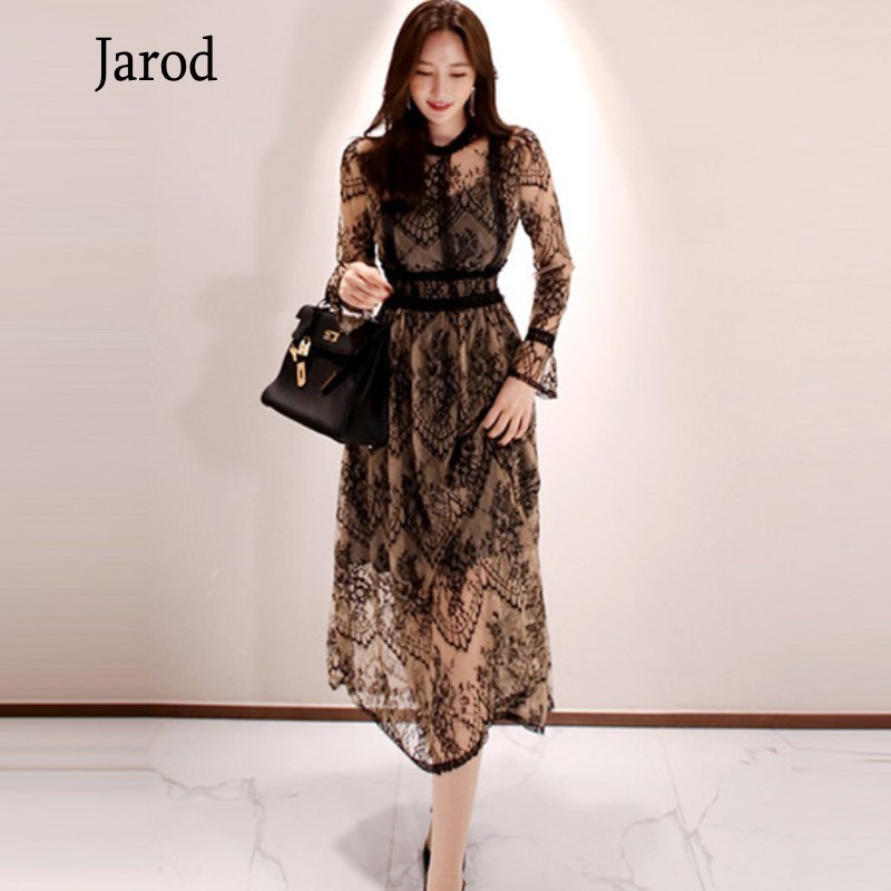 spring Elegant Sexy Dress for Women Vintage Lace Long Sleeve ONeck Robe Femme OL Casual slim Woman Party Long Dresses T200416