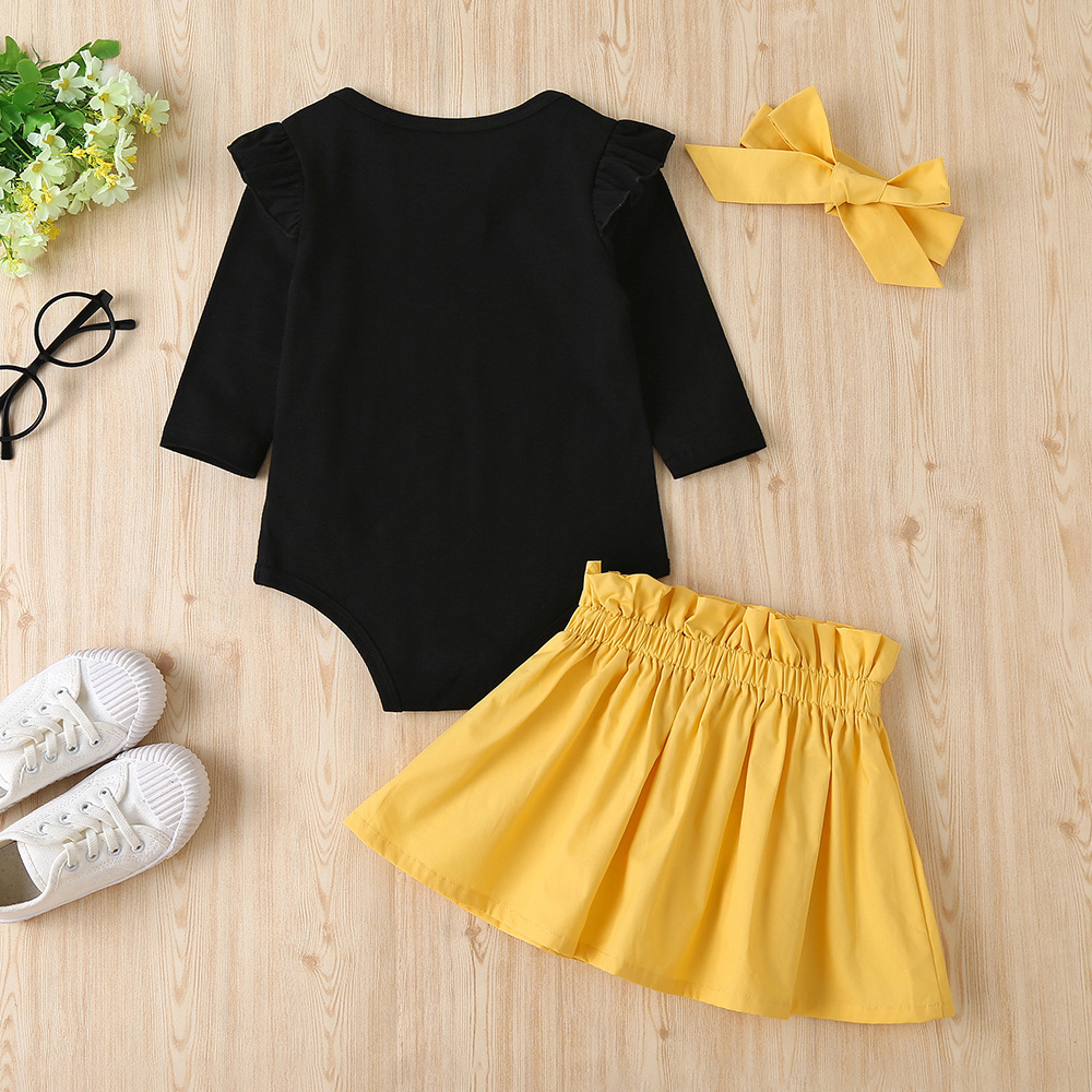 Childrenswear New Products 2020 Autumn Korean-style GIRL'S Black Long-sleeve Jumpsuit Yellow Pleated Skirt with Headdress of FatX1019