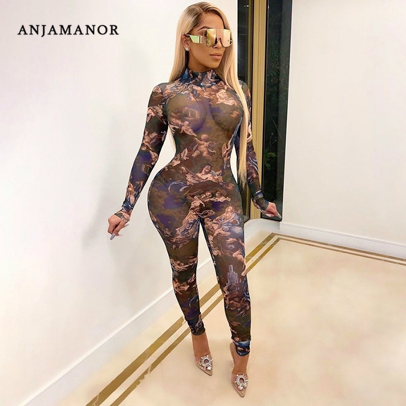 ANJAMANOR Chic Angel Mesh Jumpsuits for Women Fall Sexy Club Outfits See Through Long Sleeve Bodycon Rompers D87-CZ13 201007