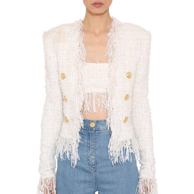 White Tweed Jacket suits Women New Autumn Winter woolen Cloth Fringed Tassel Long Sleeve Office Ladies Womens Jackets Coat 200930