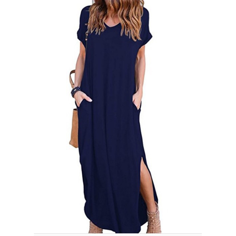 Women Summer Maxi Dresses Casual Loose Pockets Long Dress Short Sleeve Split Plus Size S-5XL