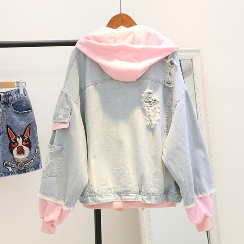 Spring Hooded Denim Jacket For Women Casual BF Jeans Jacket Holes Vintage Harajuku Coat Female loose Streetwear Basic Coats 201023