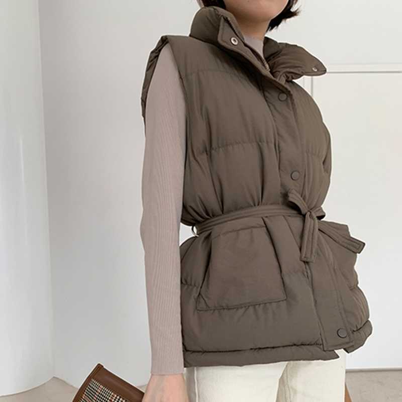 Colorfaith Spring Autumn Women Jackets Vest Quilted Puffer Parkas High-Quality Lace Up Oversize Sleeveless Coat COV2618 211220