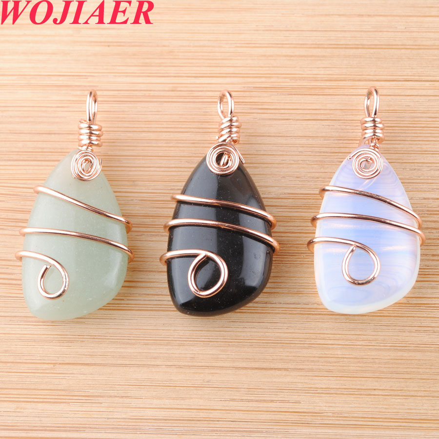 WOJIAER Natural Stone Copper Wire Wrap Pendant Irregular Bead Rose Gold Necklace for Women Men Reiki Healing Jewelry Gift DBO915