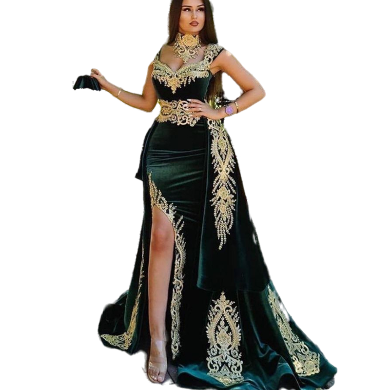 Elegant Dubai Dark Green Velvet Evening Dresses Removable Skirt Arabic Side Split Mermaid Prom Gowns Appliques Gold Lace High Neck Algerian Moroccan K