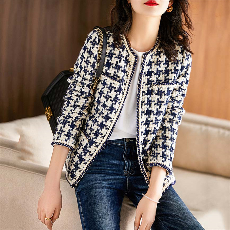 Plaid Tweed Jackets Women O-Neck Long Sleeve Office Lady Wool Coats Autumn Winter Outwear Vintage Korean Elegant Plus Size B380 201106