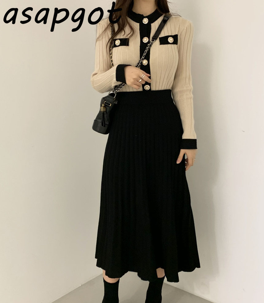Chic French Autumn Winter New Women's Set 2 Pieces O Neck Full Slim Knitted Sweater Cardigan Coat Knitted Pleated Skirt Retro 201031