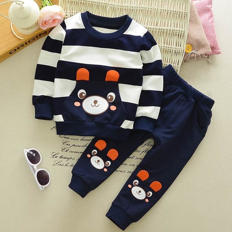 Spring and autumn baby boy clothes cartoon cute bear stripe printed cotton two-piece suit baby boy clothes casual baby suit LJ201202