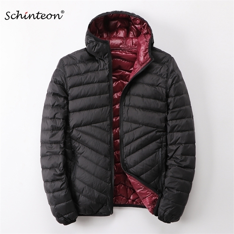 Schinteon Men White Duck Down Jacket Ultra Light Thin Coat with Hood Two Side Wearing Outerwear 201217