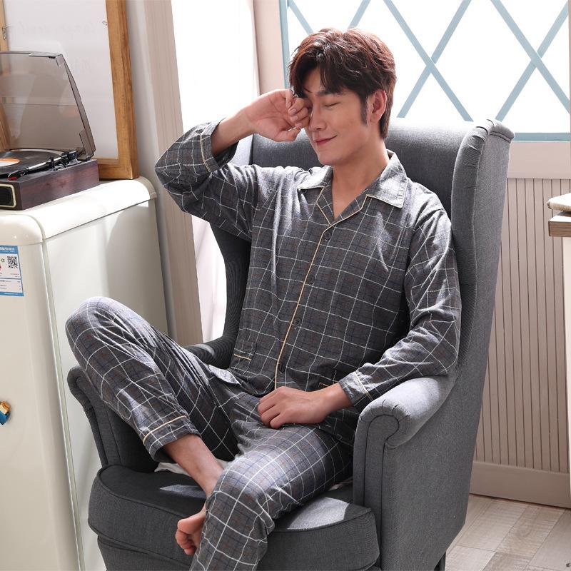 Autumn and Spring Knitted Cotton Men's Pajamas Long-sleeved Cardigan Plus Size Home Service Suit Double-sided Pigiama Uomo 2020, See chart 
Autumn and Spring Knitted Cotton Men's Pajamas Long-sleeved Cardigan Plus Size Home Service Suit Double-sided Pigiama Uomo 2020, See chart