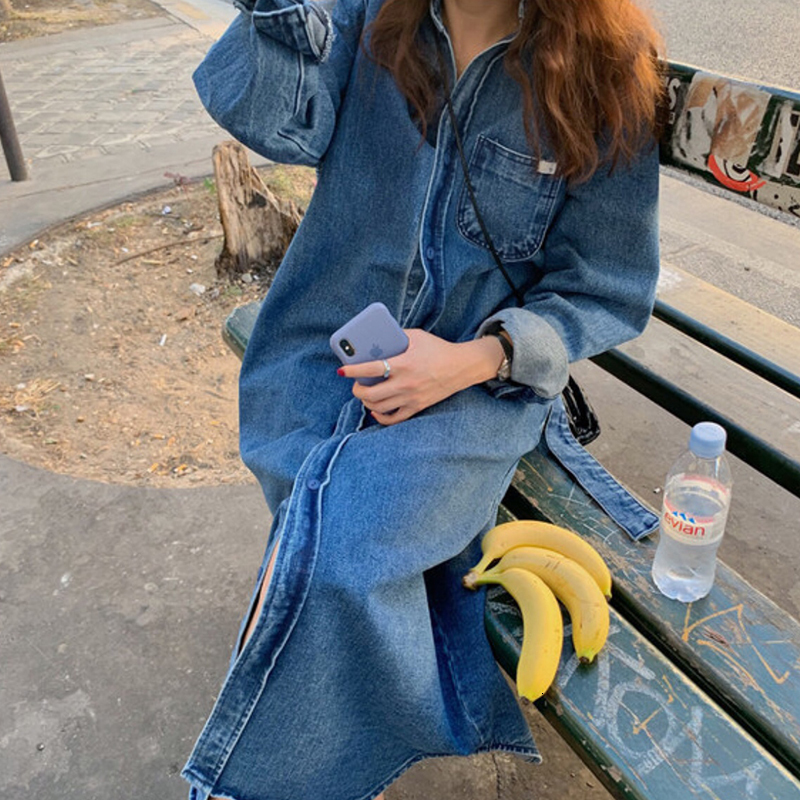 SHENGPALAE 2020 New Fashion Autumn Long Fund Lapel Single Breasted With Belt Demin Trench Coat Women Loose Windbreaker FV257 T200805