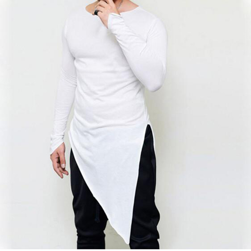 New Fashion Asymmetrical Men Long T shirt Side split long Sleeve T-Shirt Hip Hip Tops Tee vintage streetwear gothic tops 201004