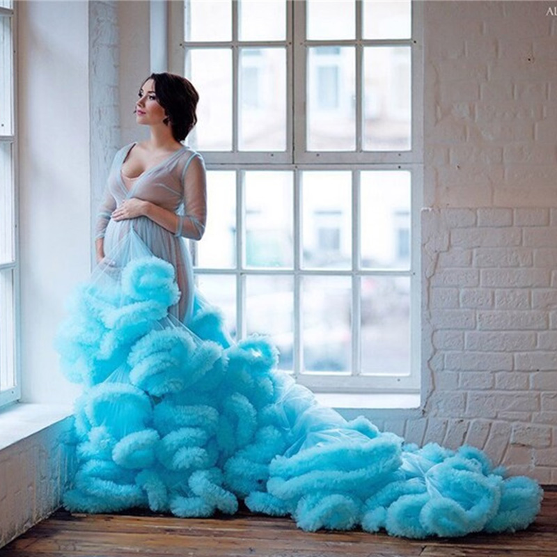 Sky Blue Pregnant Women Night Robe Wedding Bride Bridesmaid Robes Tulle Lace Sleepwear Pyjamas Long Lingeries Bridal Party Shower Robe
