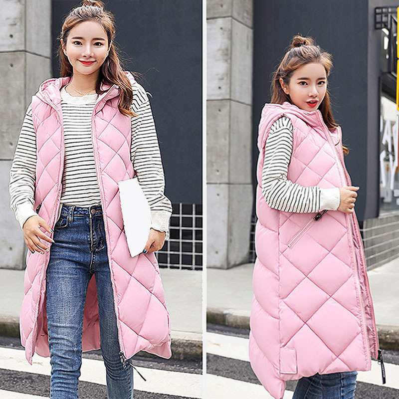 Autumn Winter Hooded Long Down Vests Women Solid Sleeveless Loose Mixi Waistcoat Female New Fashion Casual Warm Lady Coats 201102