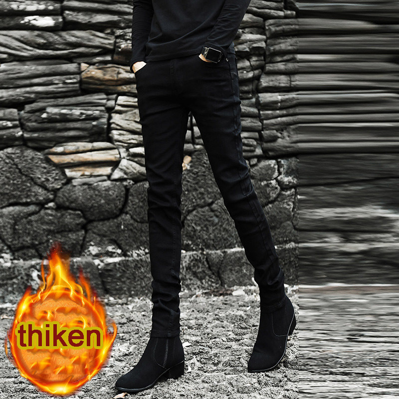 Autumn winter Fashion men's stretch plus velvet thicken jeans men's feet black Korean skinny pencil pants men's boots jeans 201128