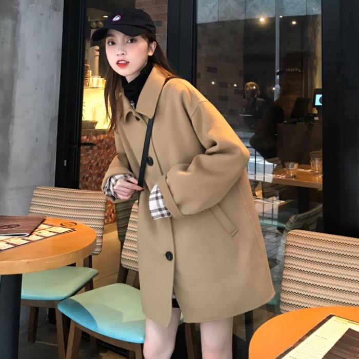 autumn and winter new long sleeve baby collar temperament long wool coat, Black 
autumn and winter new long sleeve baby collar temperament long wool coat, Black