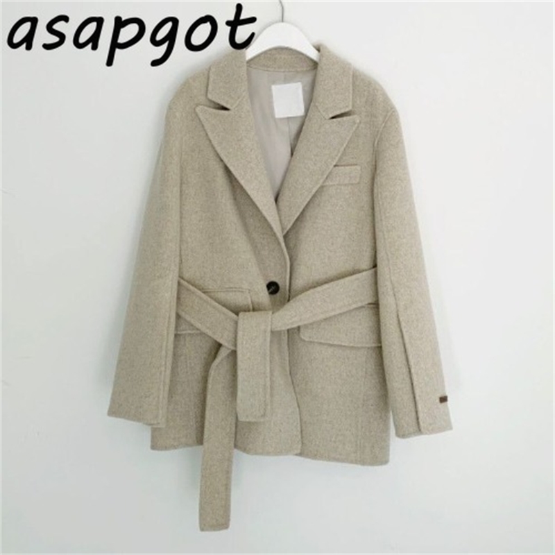 Elegant Temperament Waist Lace Up Slim Vintage Casual Woolen Loose Casual Thick Lapel Long Sleeve Jackets Women Winter Coat Belt 201112