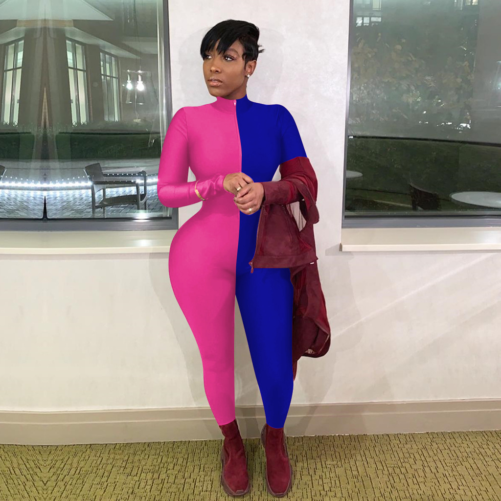 ANJAMANOR Front Zipper Long Sleeve Bodycon Jumpsuit Women Neon Color Black Sexy One Piece Clubwear Outfits Fall Winter D41-AD63 201007