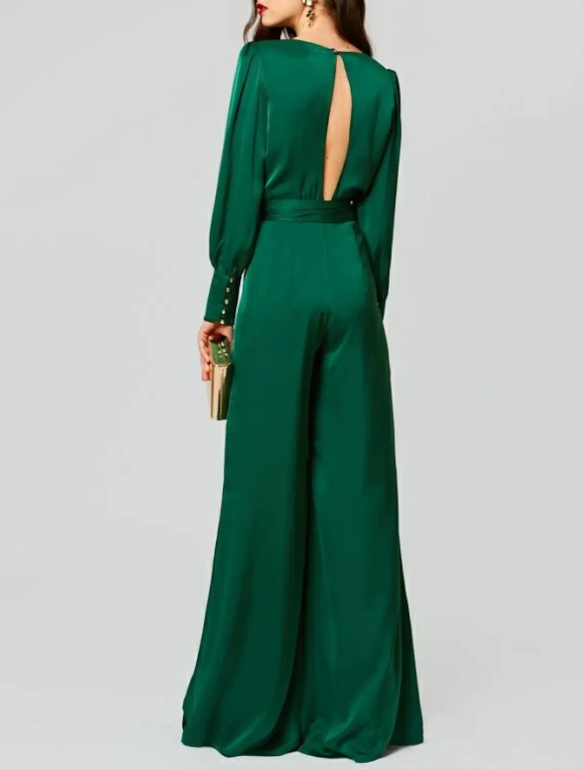 Dark Green Jumpsuits Beautiful Open Back Evening Dress 2022 V-Neck Long Sleeve Sash Prom Formal Gown Robes De Soirée