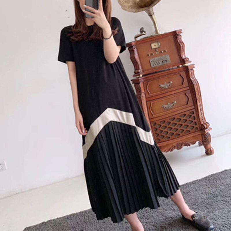 REALEFT Women Casual Pleated Long Dresses Short Sleeve O-Neck High Waist Color Patchwork Striped Print Dresses for Ladies T200416