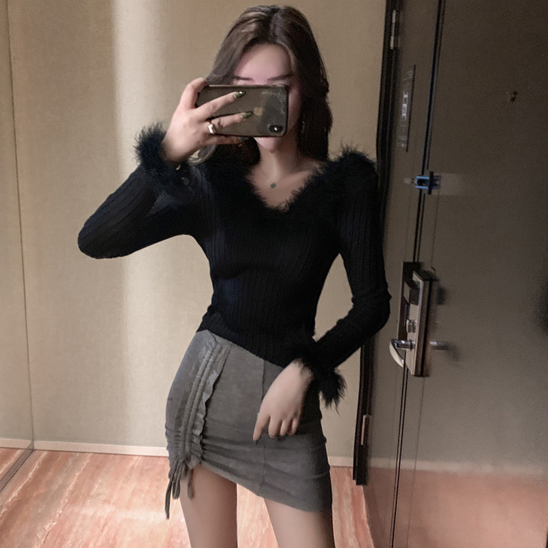 Women's Back Lace-up Sexy Sweater Plush Stitching Large V-neck Long-sleeved Knit Bottoming Sweater Top Ladies Club Tops ML259 201023