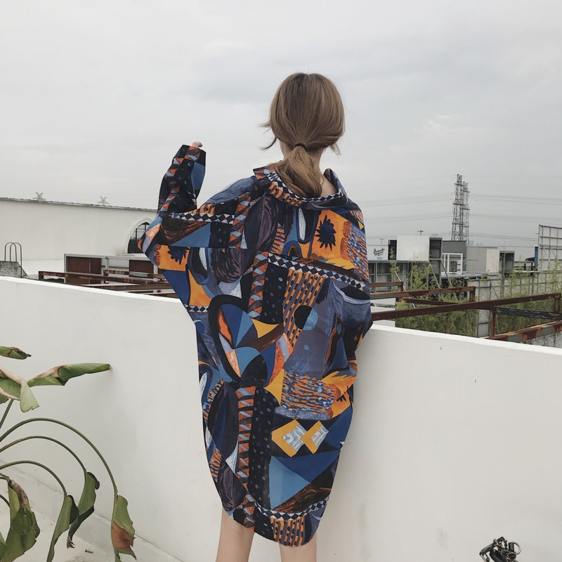 [DEAT] Spring New Fashion Turn Down Collar Loose Print Long Sleeve Printed Long Shirt Women's Blouse Famle Free Size WB024 201029