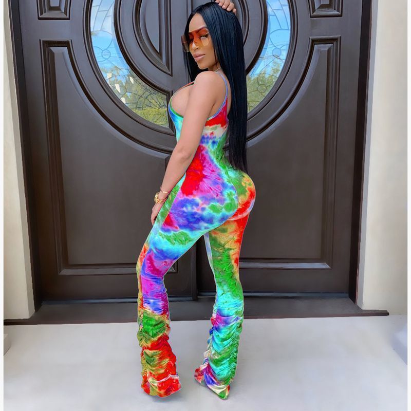 HAOYUAN Sexy Tie Dye Bodycon Rompers Women Jumpsuit One Peice Club Outfits Ruched Stacked Pant Spaghetti Strap Backless Overalls T200509