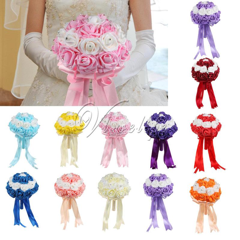 

Bridal Wedding Bouquet Handmade Artificial PE Foam Rose Flowers with Rhinestone Satin Ribbons Bow Party Favors Decor, Pink